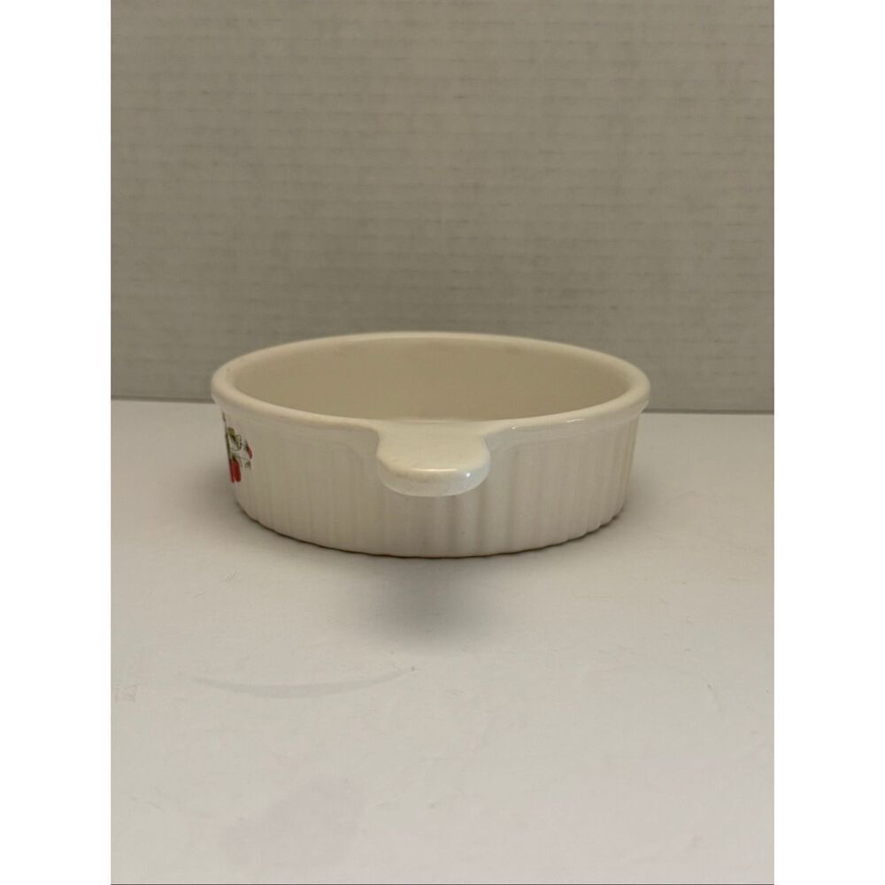 Vintage Strawberries & Floral White Round Stoneware Baking Dish with Handle - Picture 2 of 8